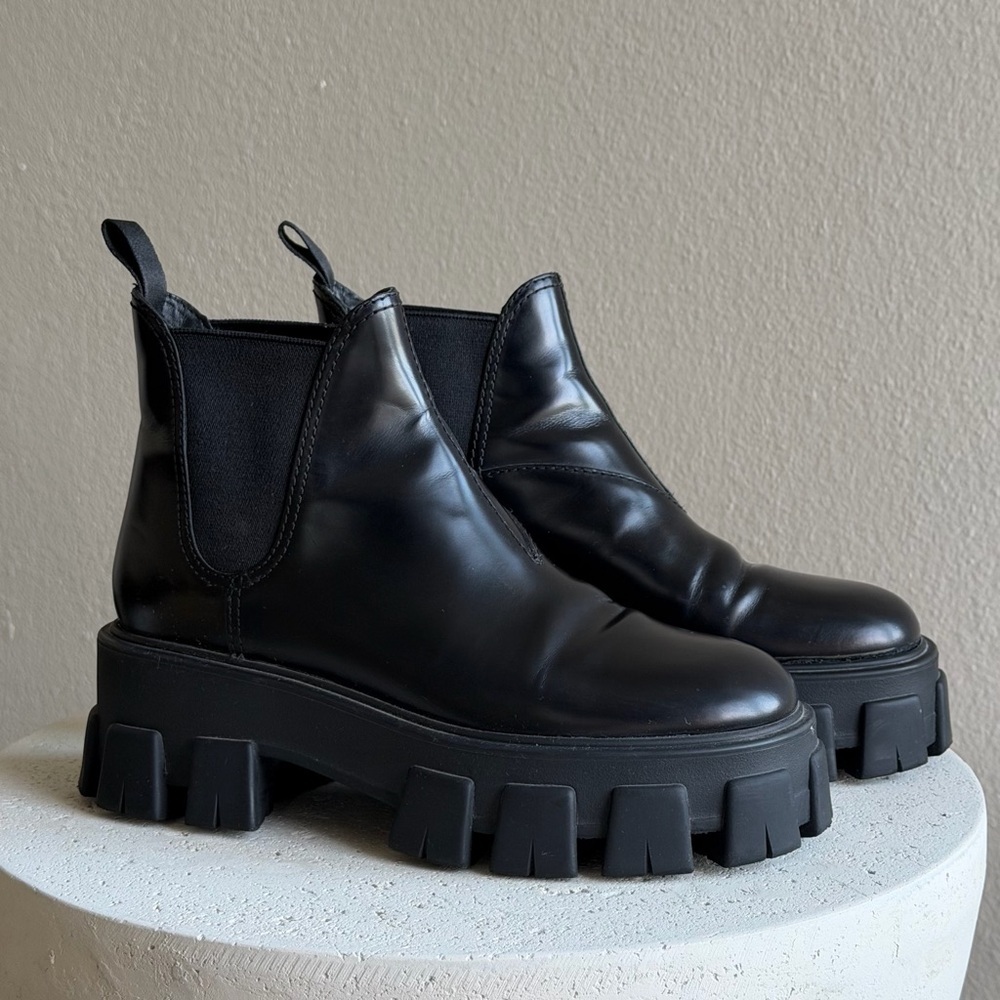 Prada Monolith Chelsea Boots in brushed leather, size 36